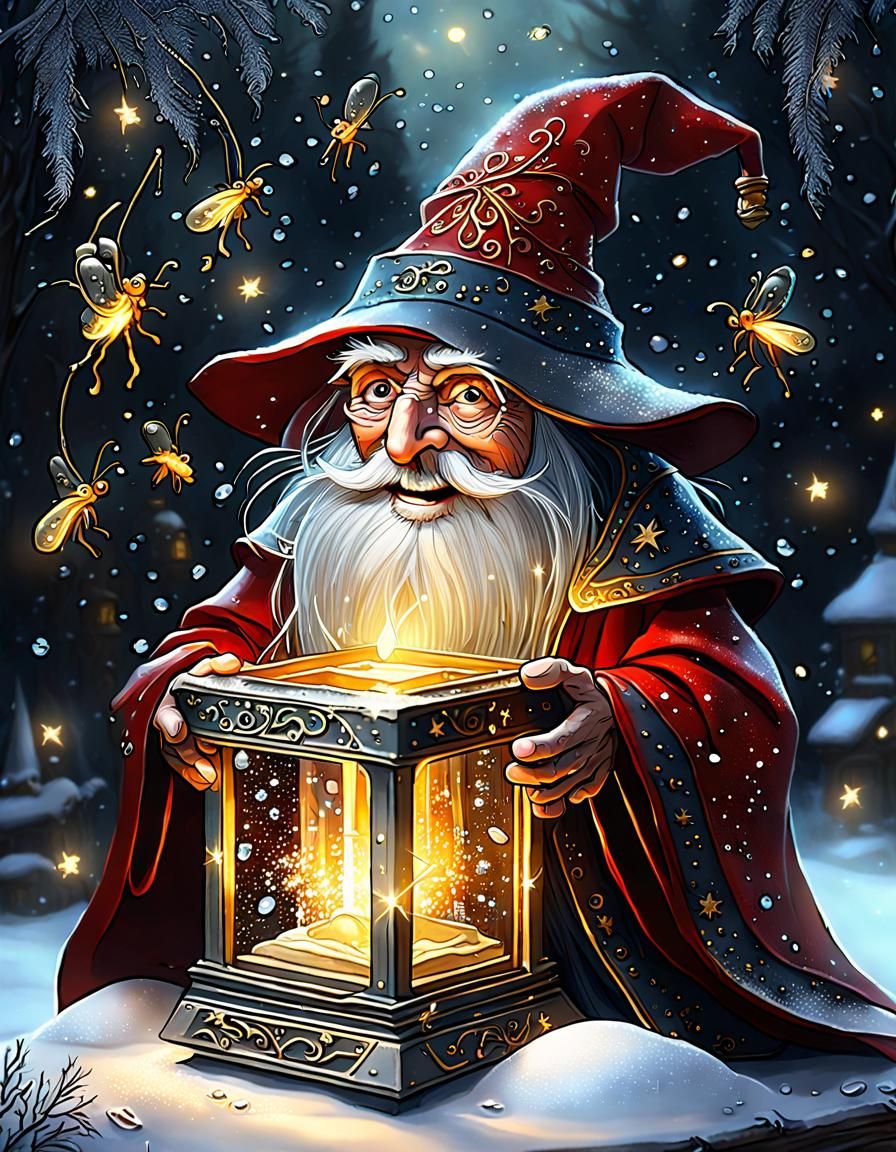 Wizard with Fireflies in Icy Box, Christmas Spirit