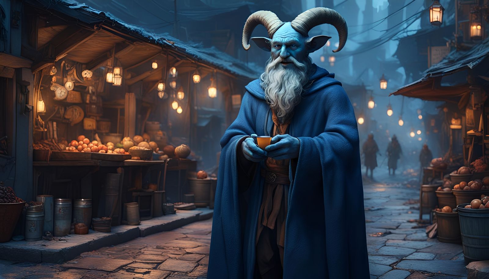 Wizard Satyr on Fantasy Street in Photorealistic Style