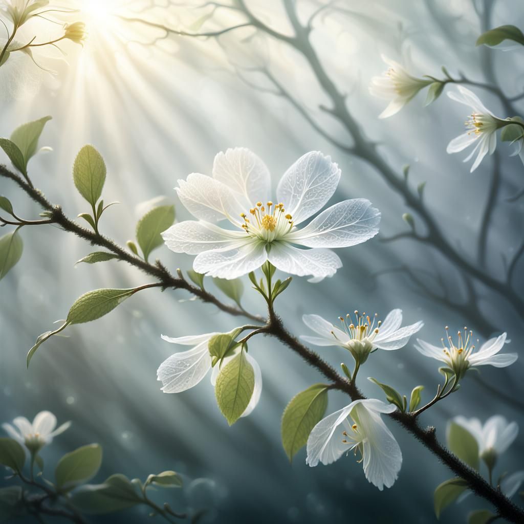 White Flower on Misty Branch in Impressionist Style