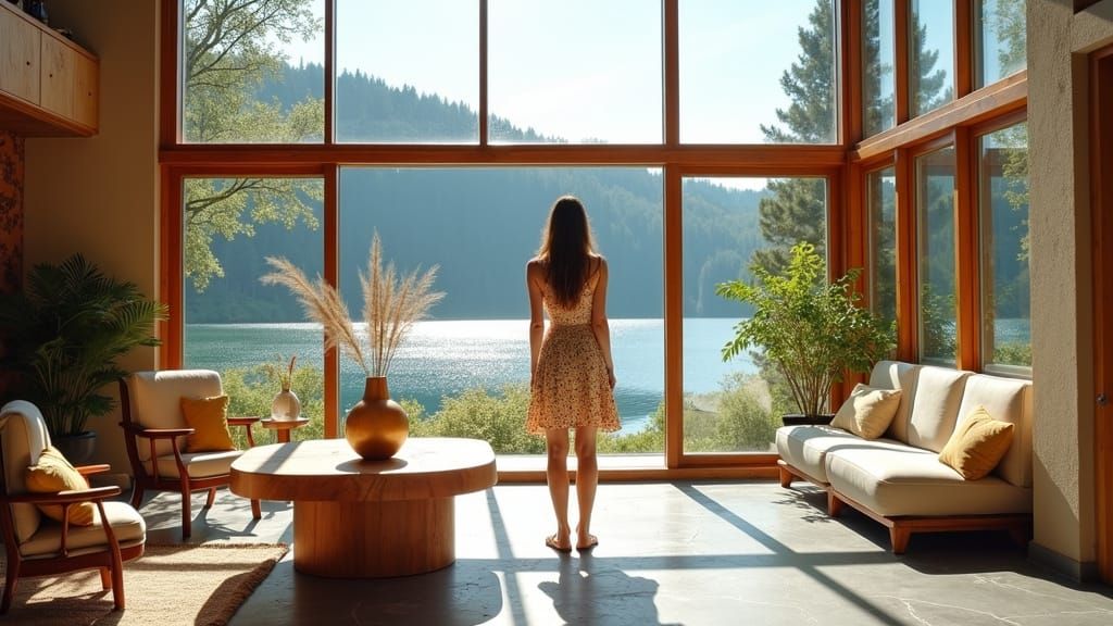 Woman in Sunny Atrium with Lake View