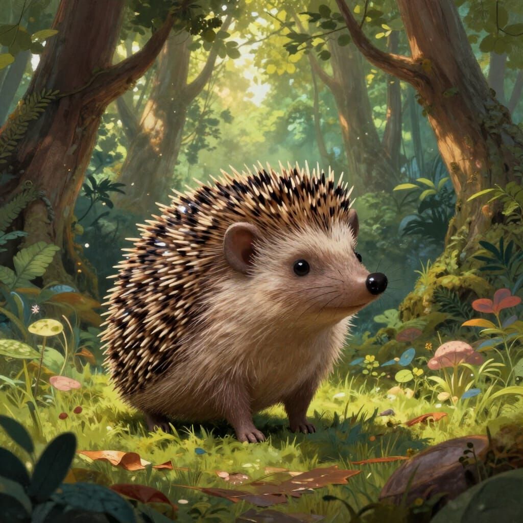Whimsical Hedgehog Hybrid in Enchanted Forest Illustration