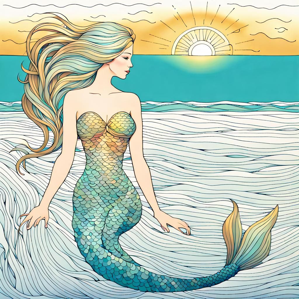 Mermaid Line Art on Beach with Aquamarine Tail