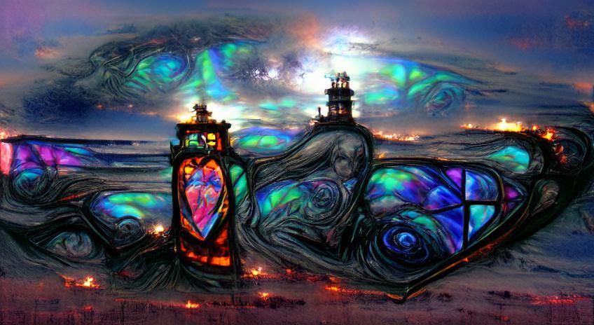 Gothic Lighthouse in Stormy Sea: Art Nouveau Stained Glass