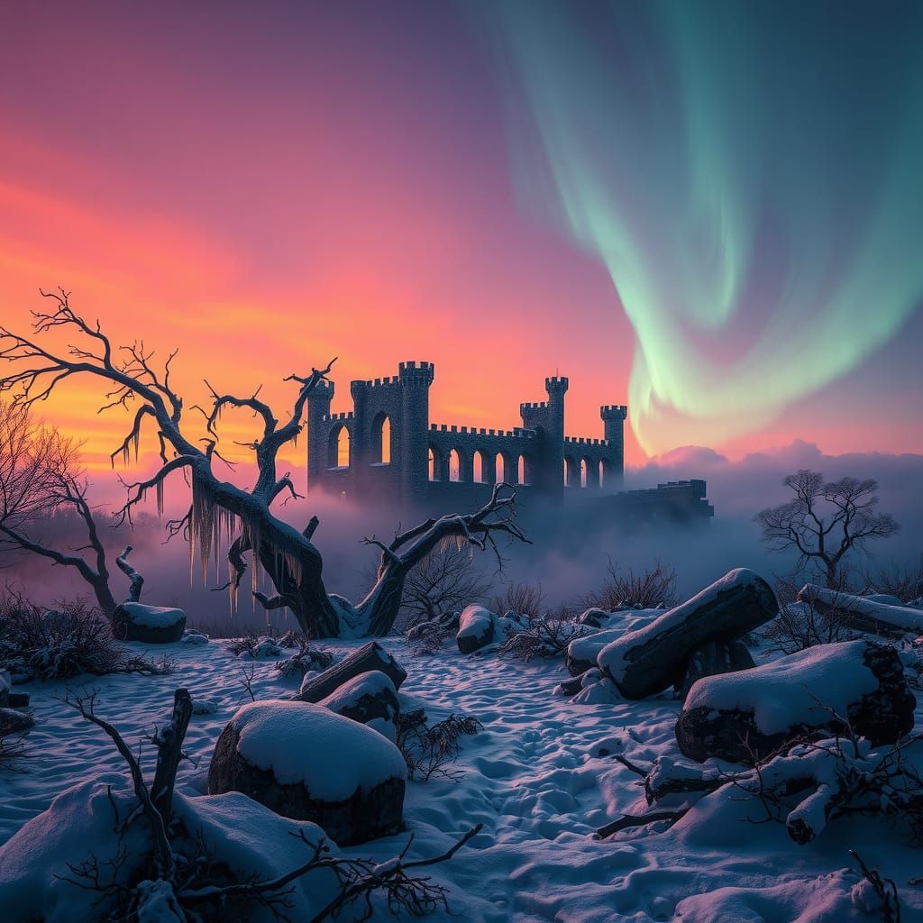 Apocalyptic Nuclear Winter Castle Ruins in Eerie Dusk