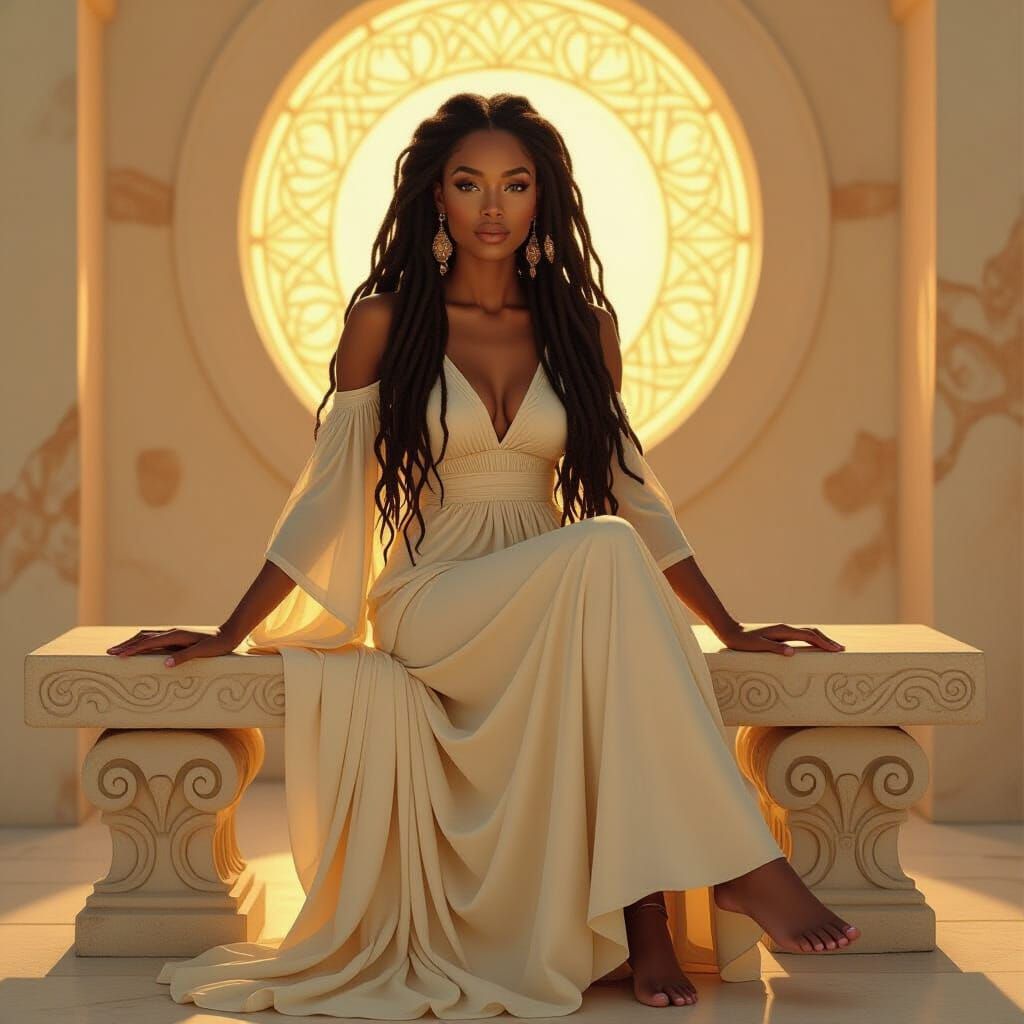 Elegant Woman on Stone Bench in Art Nouveau Style