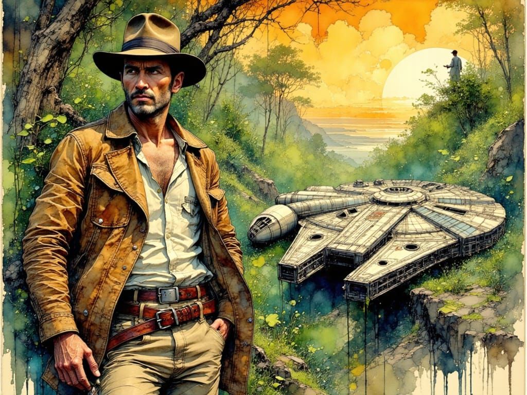 Indiana Jones and Millennium Falcon in Jungle Scene