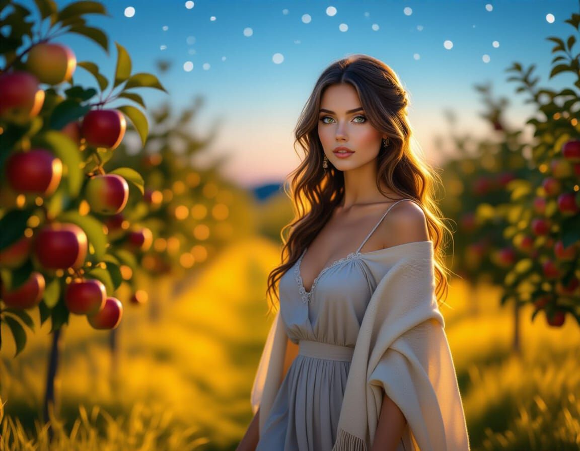 Woman in Apple Orchard Under Starry Night Sky