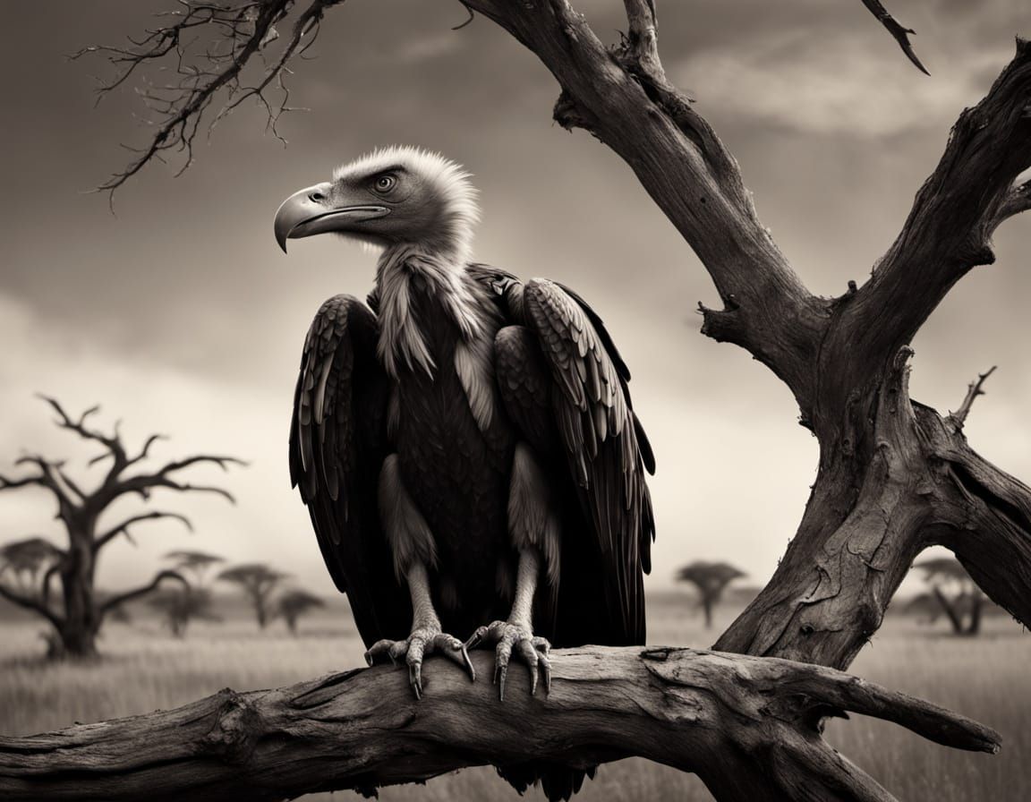 Vintage-Style Vulture Portrait on Tree Branch in Africa
