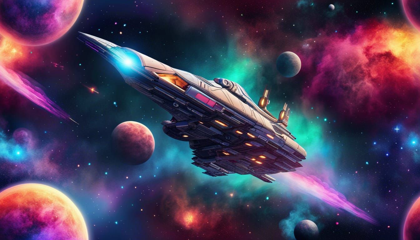 Futuristic Spaceship Navigates Colorful Nebula Galaxy