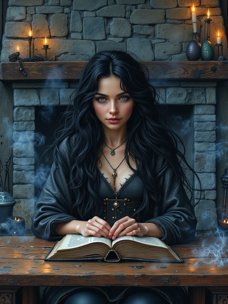 Norse Goddess Reading Ancient Tome by Firelight