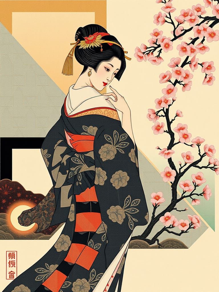 Ukiyo-e Fusion: Abstract Figure in Garden Scene