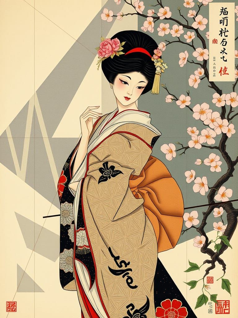Ukiyo-e Fusion: Pin-Up Figure with Geometric Garden