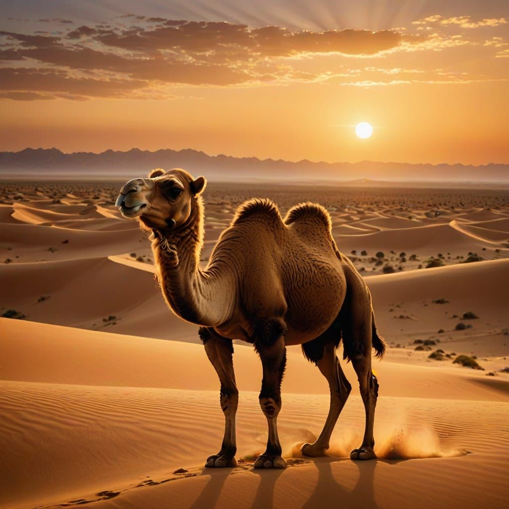 Desert Sunset Camel in Golden Light