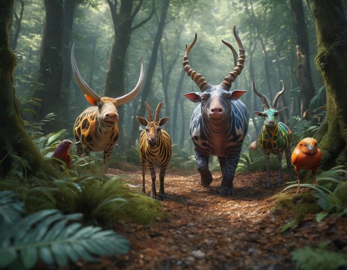 Exotic Creatures Stroll Through an Enchanted Forest