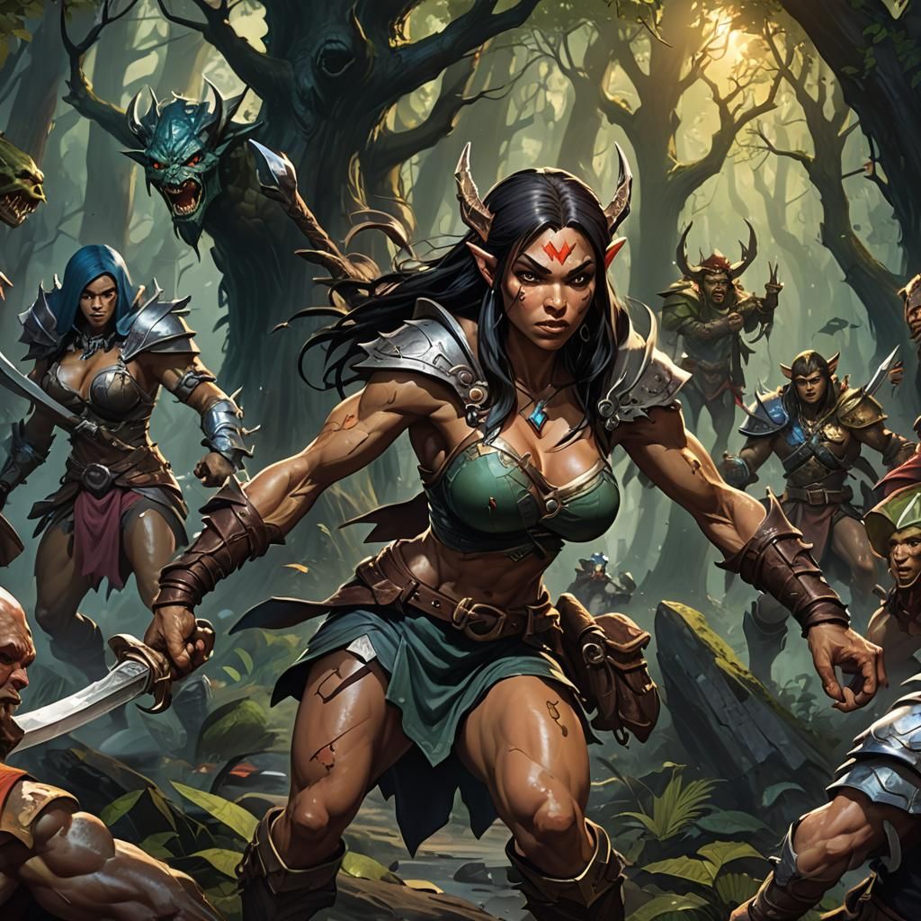 Fantasy Heroines Clash with Goblins in Dark Forest