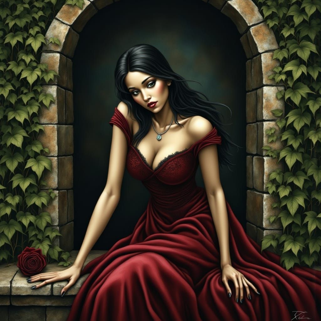 Gothic Young Woman in Crimson Satin, Mystical Archway