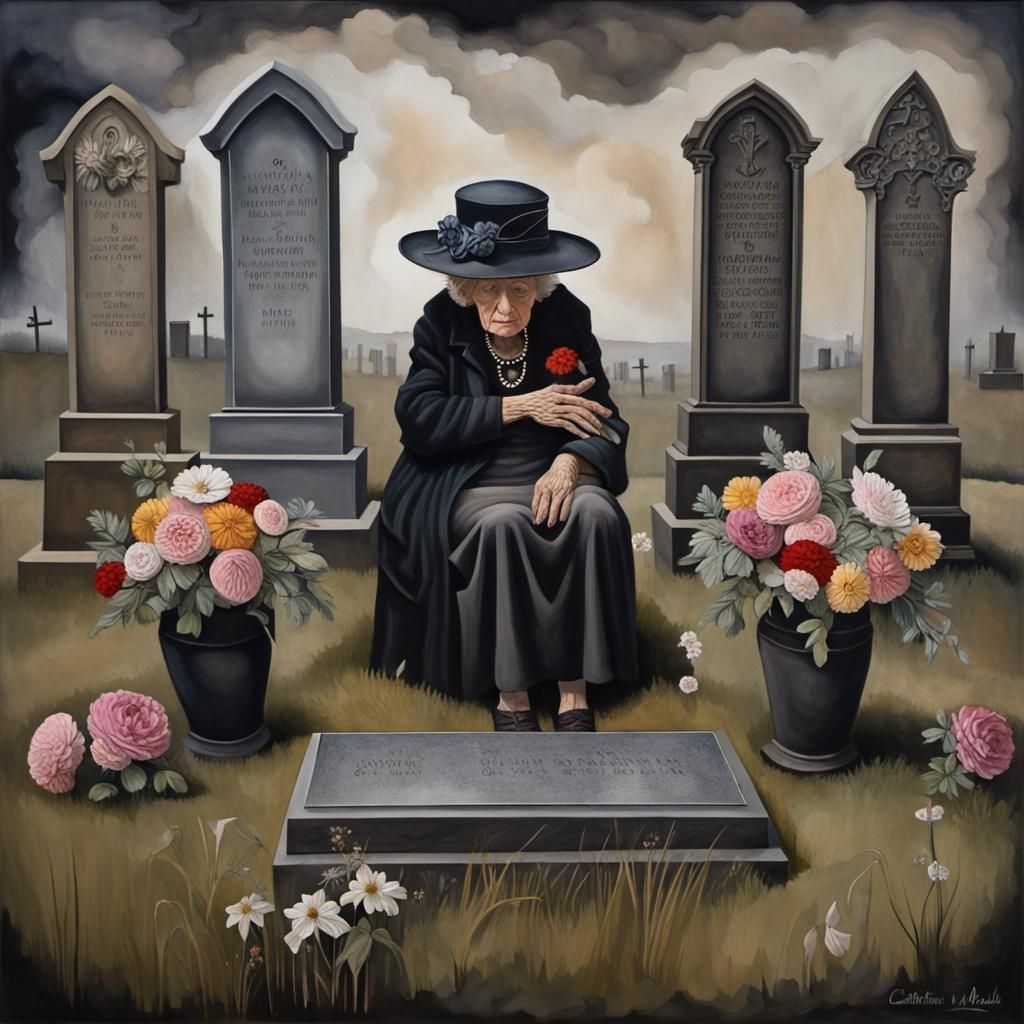 Gothic Art: Sad Lady Visits Tombstone with Flowers
