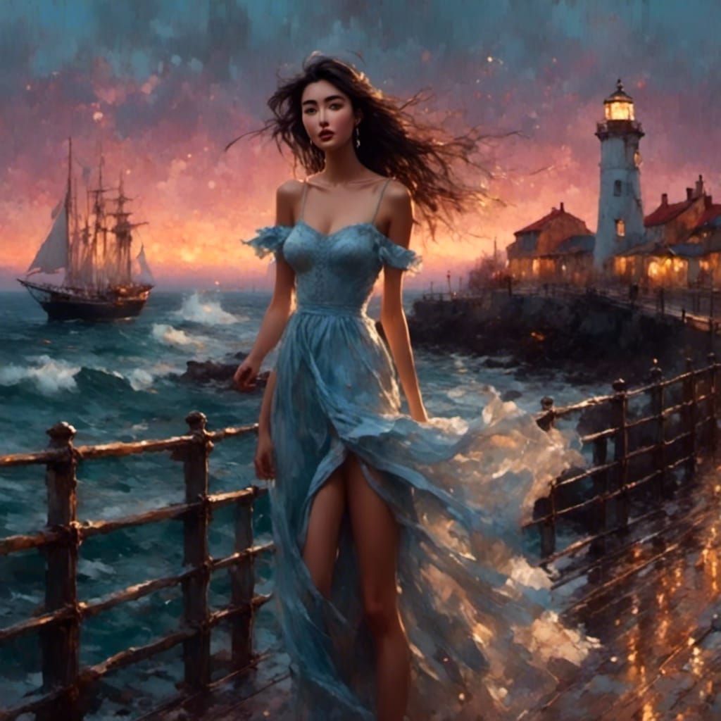 Twilight Cove Portrait with Distant Lighthouse