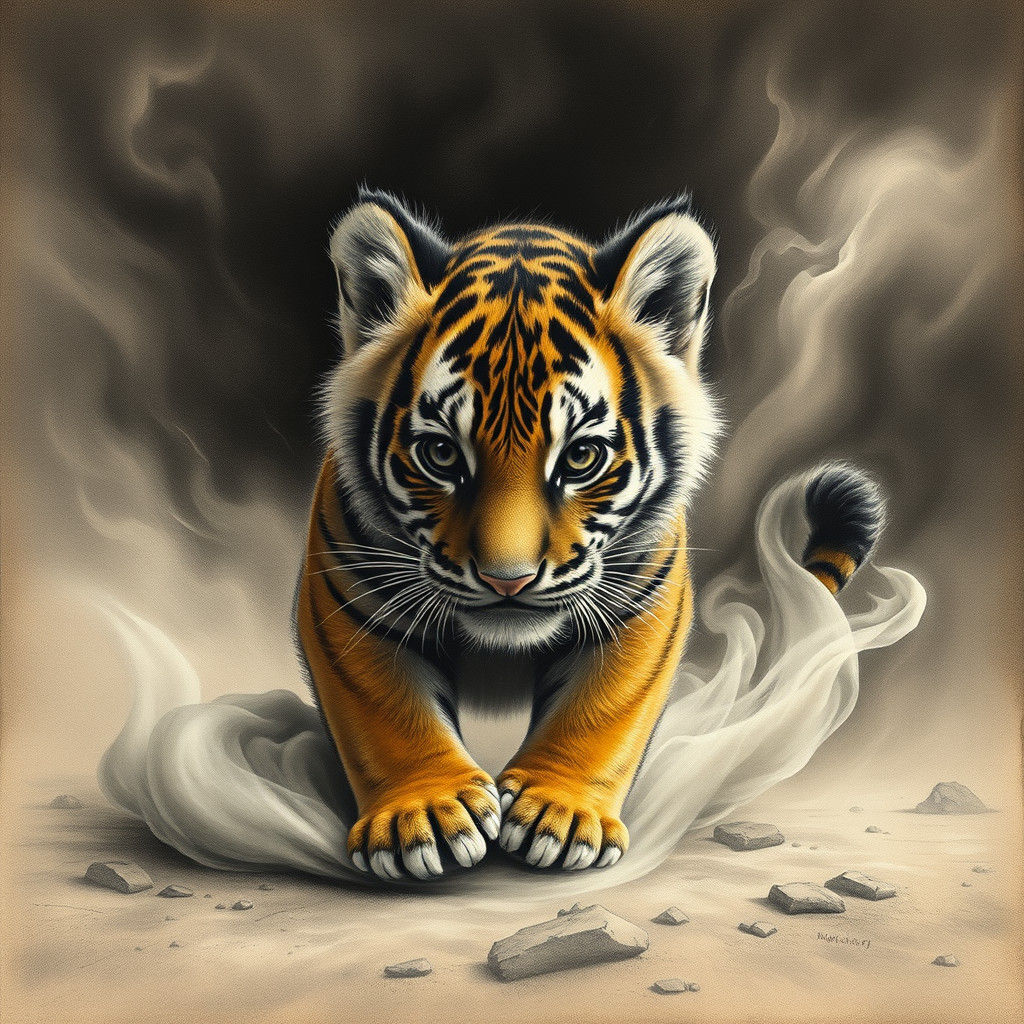 Baby Tiger Emerges: A Hyperdetailed Charcoal Drawing