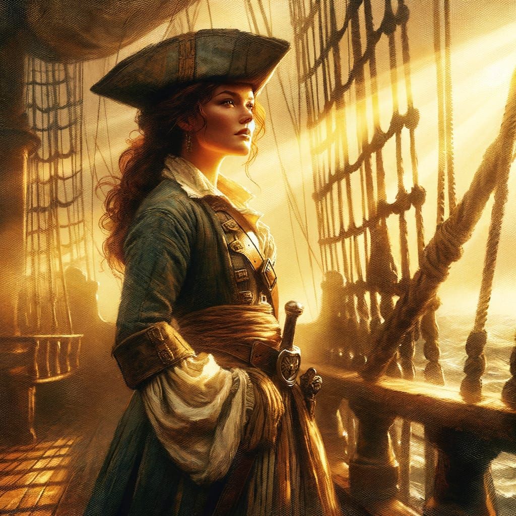 Sensual Pirate Maiden Contemplates Golden Hour at Sea