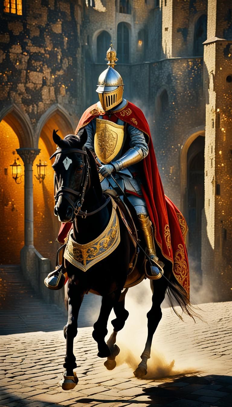 Knight on Horseback Galloping Through Castle Courtyard