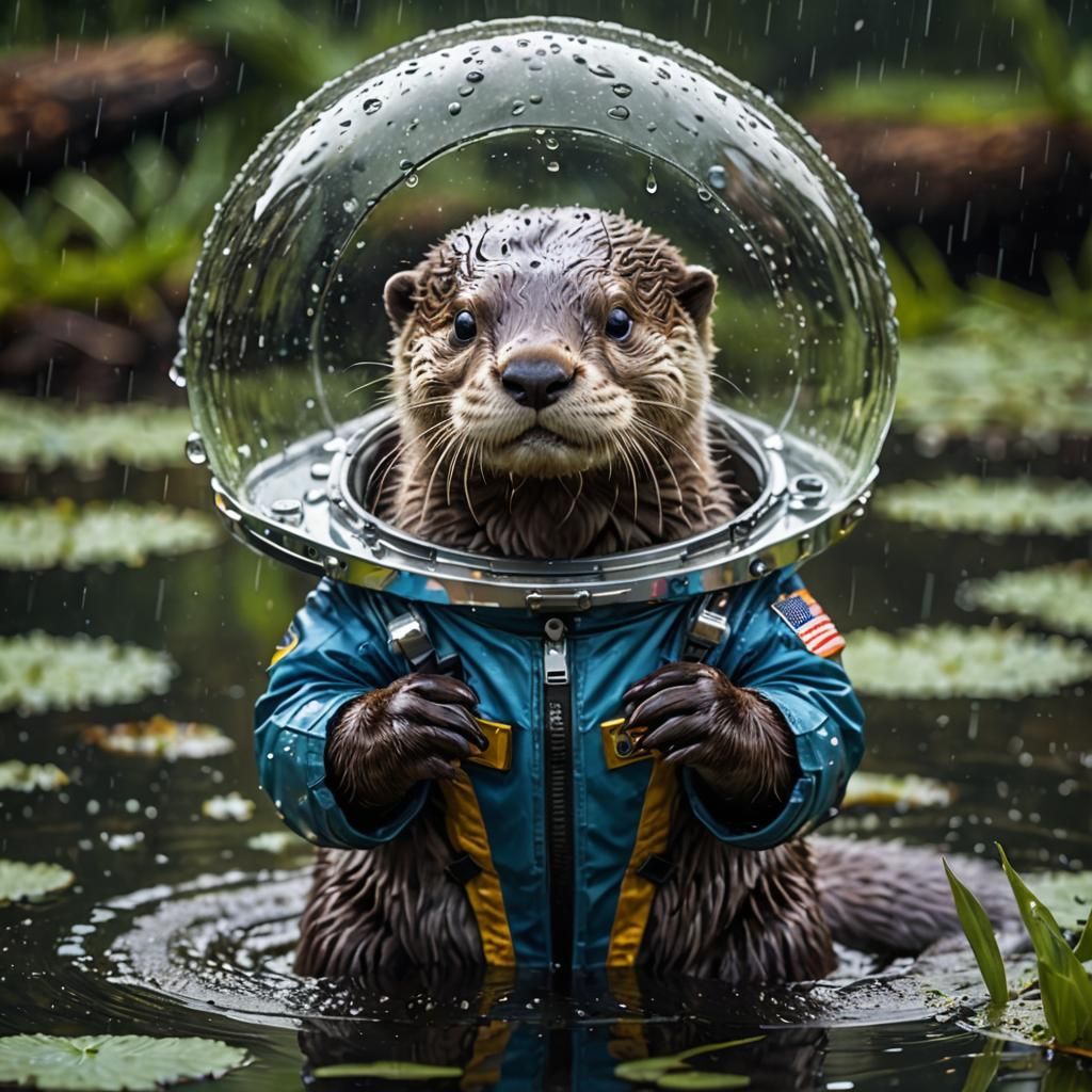 Cute adorable Otter, in a space suite, a alien lake