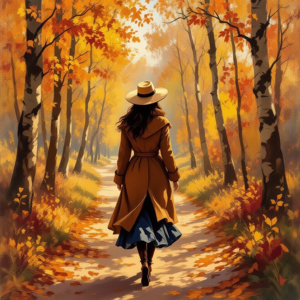 Elegant Woman in Autumn Forest, Impressionistic Style