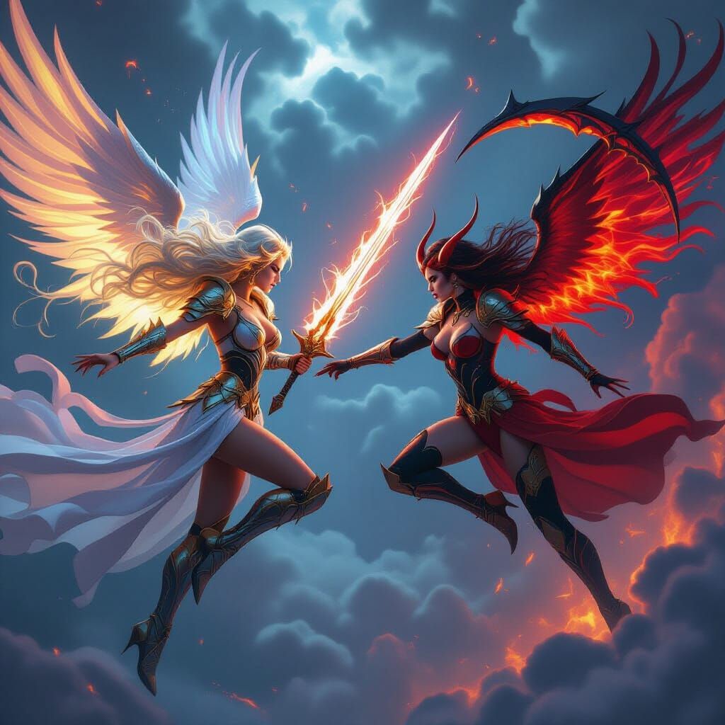 Angelic Warrior vs Devilgirl in Cyberpunk Style