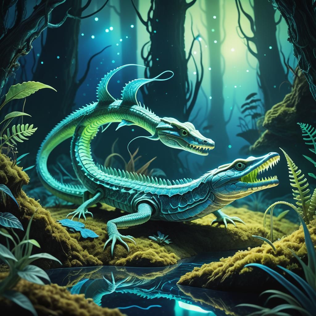 Bioluminescent Alien Forest with Hybrid Specimen