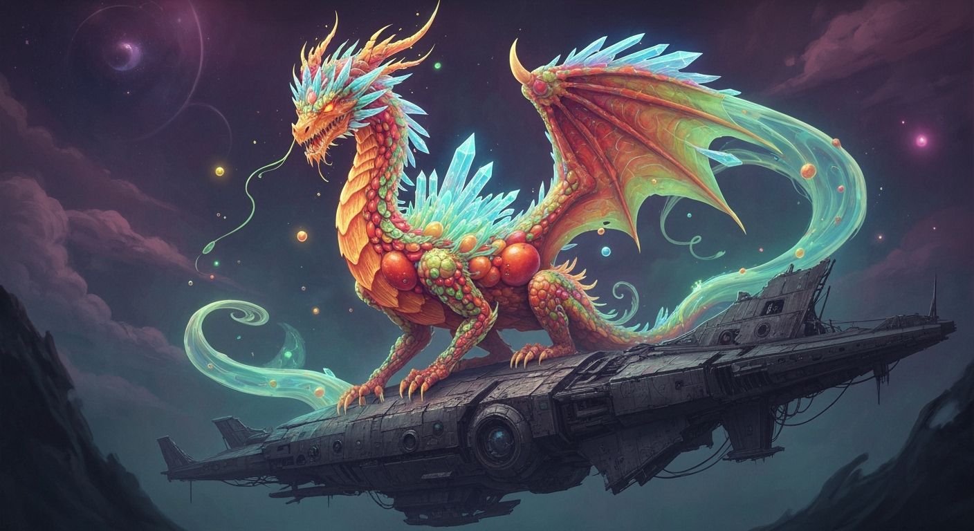 Bioluminescent Fruit Dragon on Spaceship, Acid Ink Style