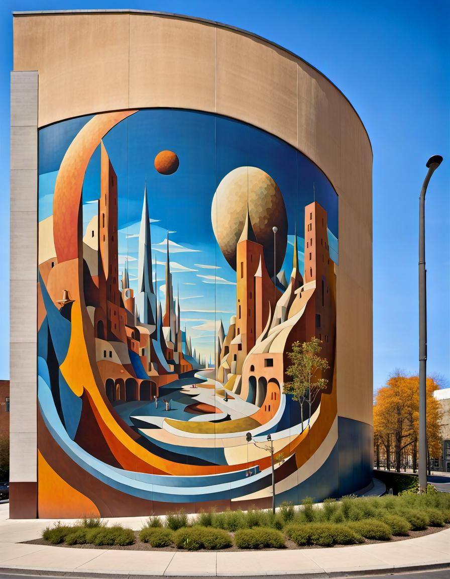 Futuristic Art Deco Mural with Sci-Fi Elements