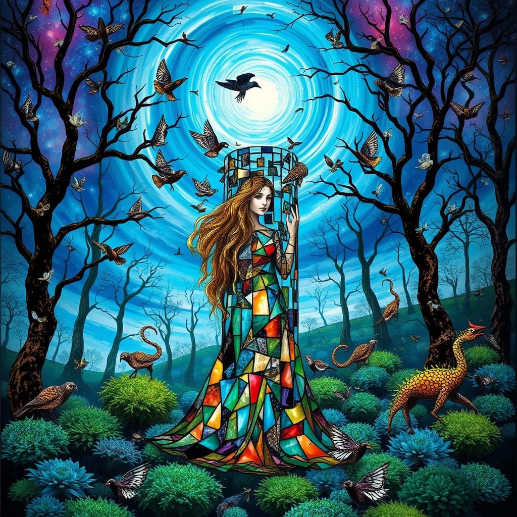 Surreal Fragmented Sculpture with Mirrored Labyrinth