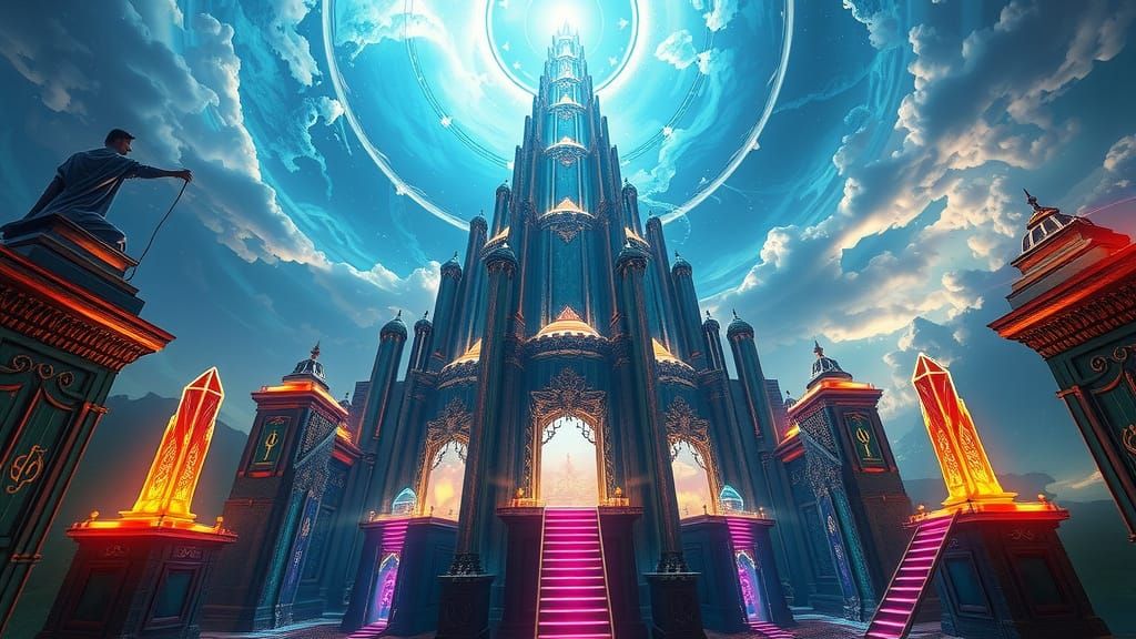 Majestic Tower of Levitating Platforms in Ethereal Landscape