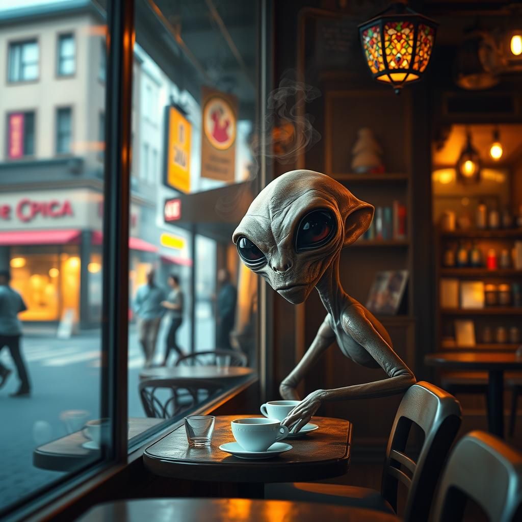 Alien Peeking into Cozy Coffee Shop