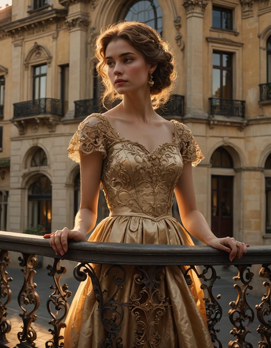 Romantic Realism: Girl on Balcony at Sunset