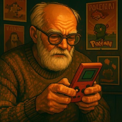 Old Man Plays Pokemon on Gameboy with Retro Aesthetic