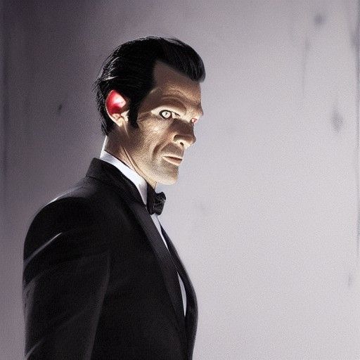 Sinister Dark-Suited Man Before Red Curtains