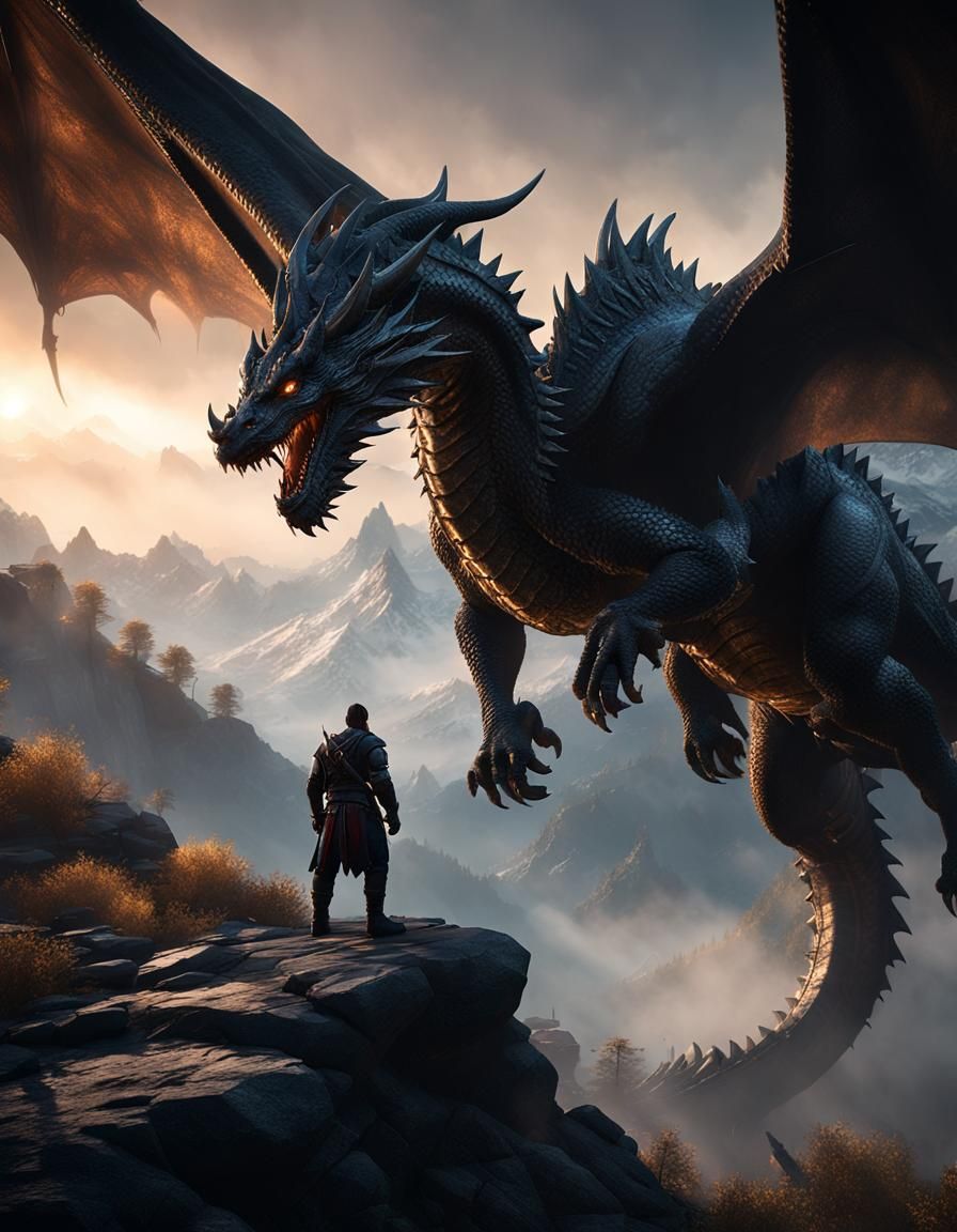 Epic Black Dragon Soaring Over Kingdom