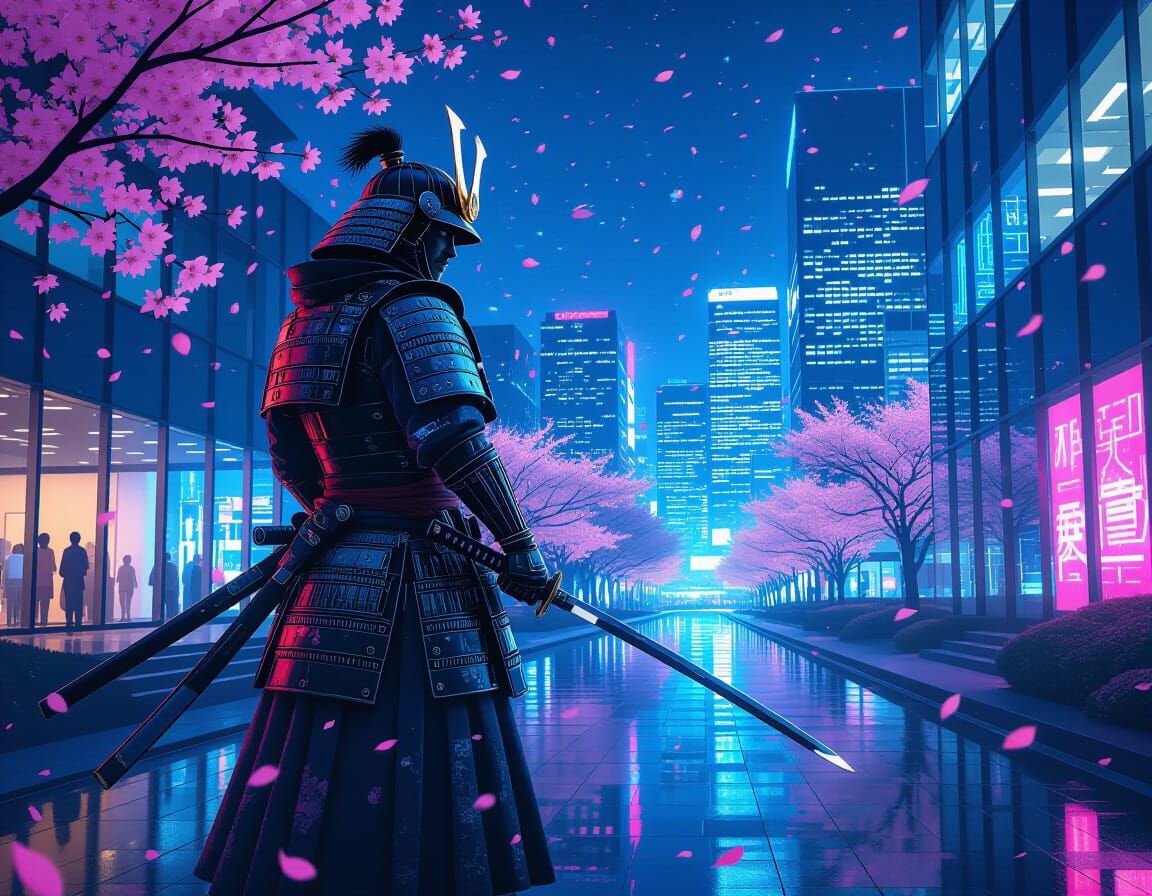 Cyberpunk Samurai in Silicon Valley at Night