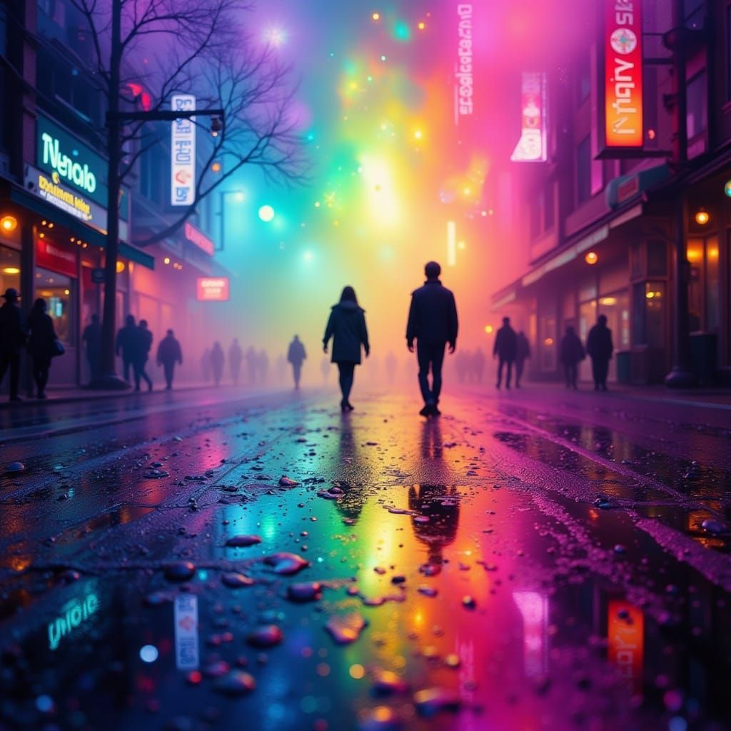 Surreal Rainbow Scene in Dark Glitch Aesthetic