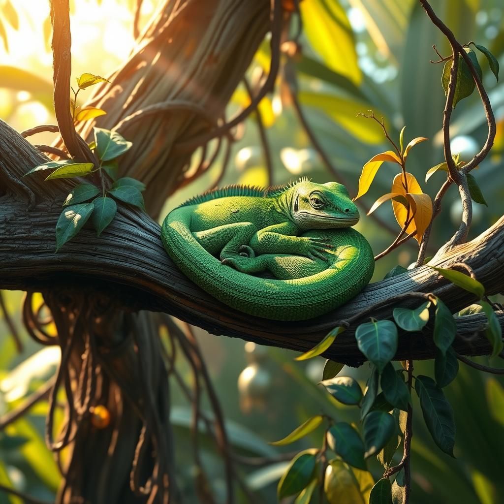 Lizard Napping in Lush Digital Landscape