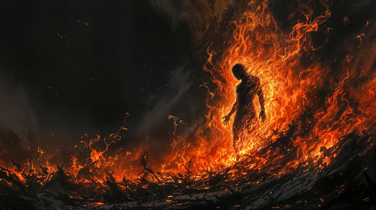 Dramatic Flames Envelop a Silhouetted Figure in Cosmic Setti...