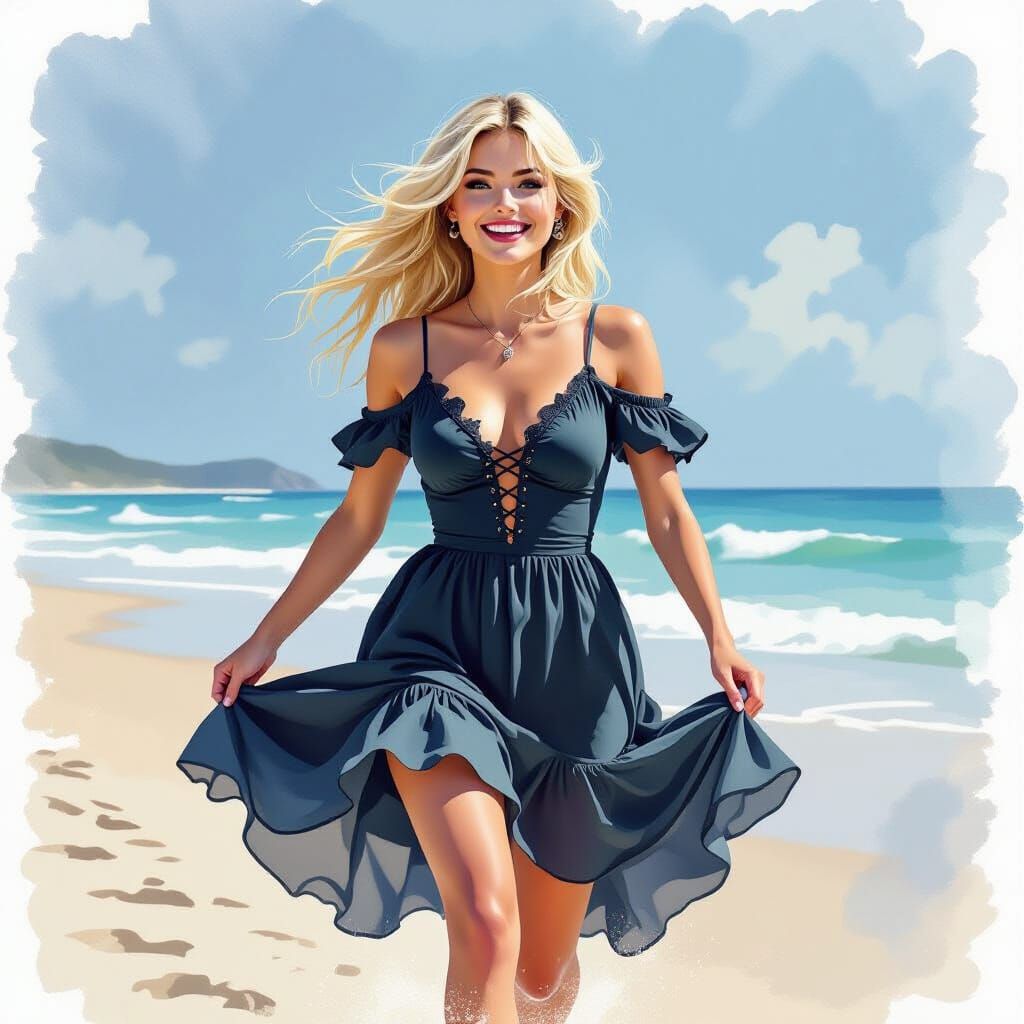 Woman in Gothic Dress Runs on Beach in Watercolor