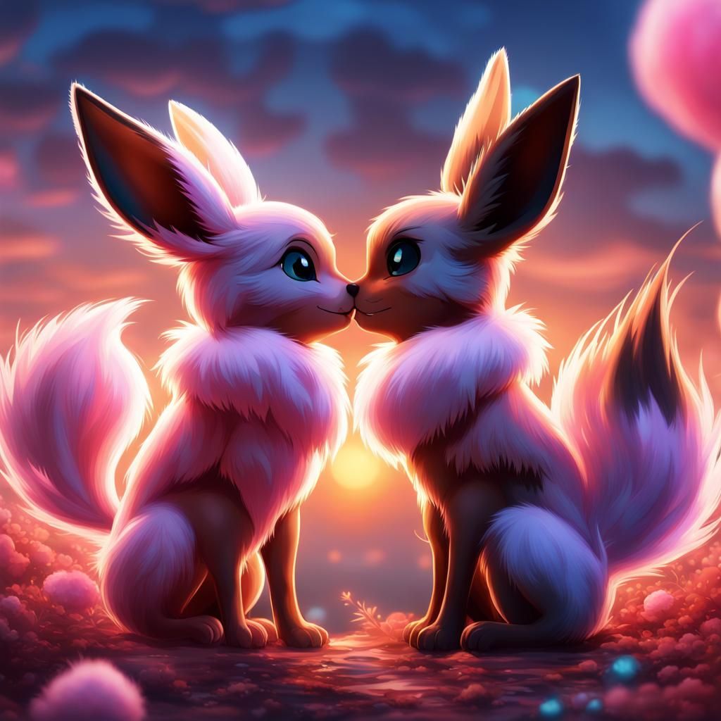 Loving Eevee Couple Kissing at Sunset