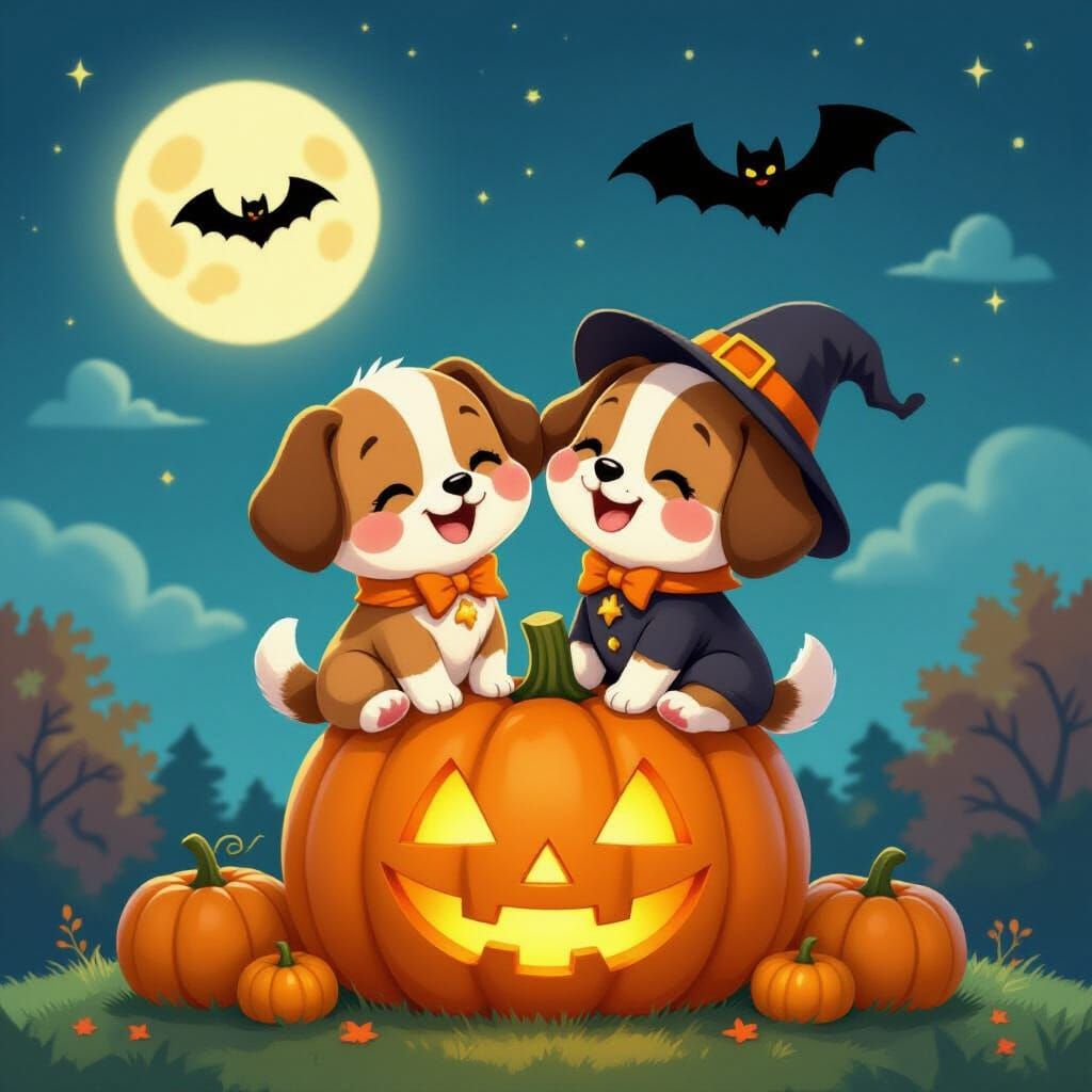 Cute Labubu Puppies in Halloween Costumes on Pumpkin with Mo...