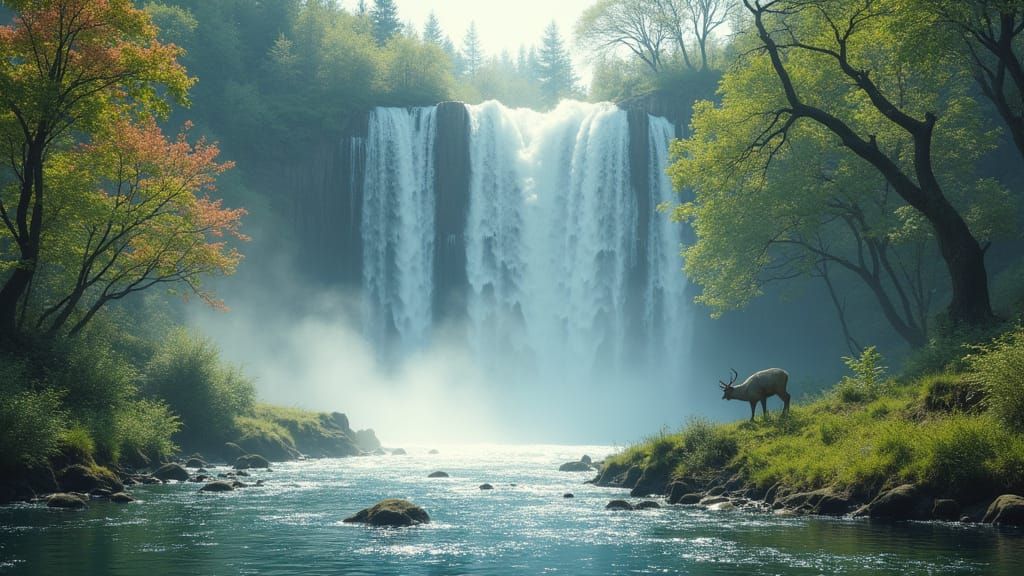 Realistic Waterfall with Deer and Lush Vegetation in Pastel ...