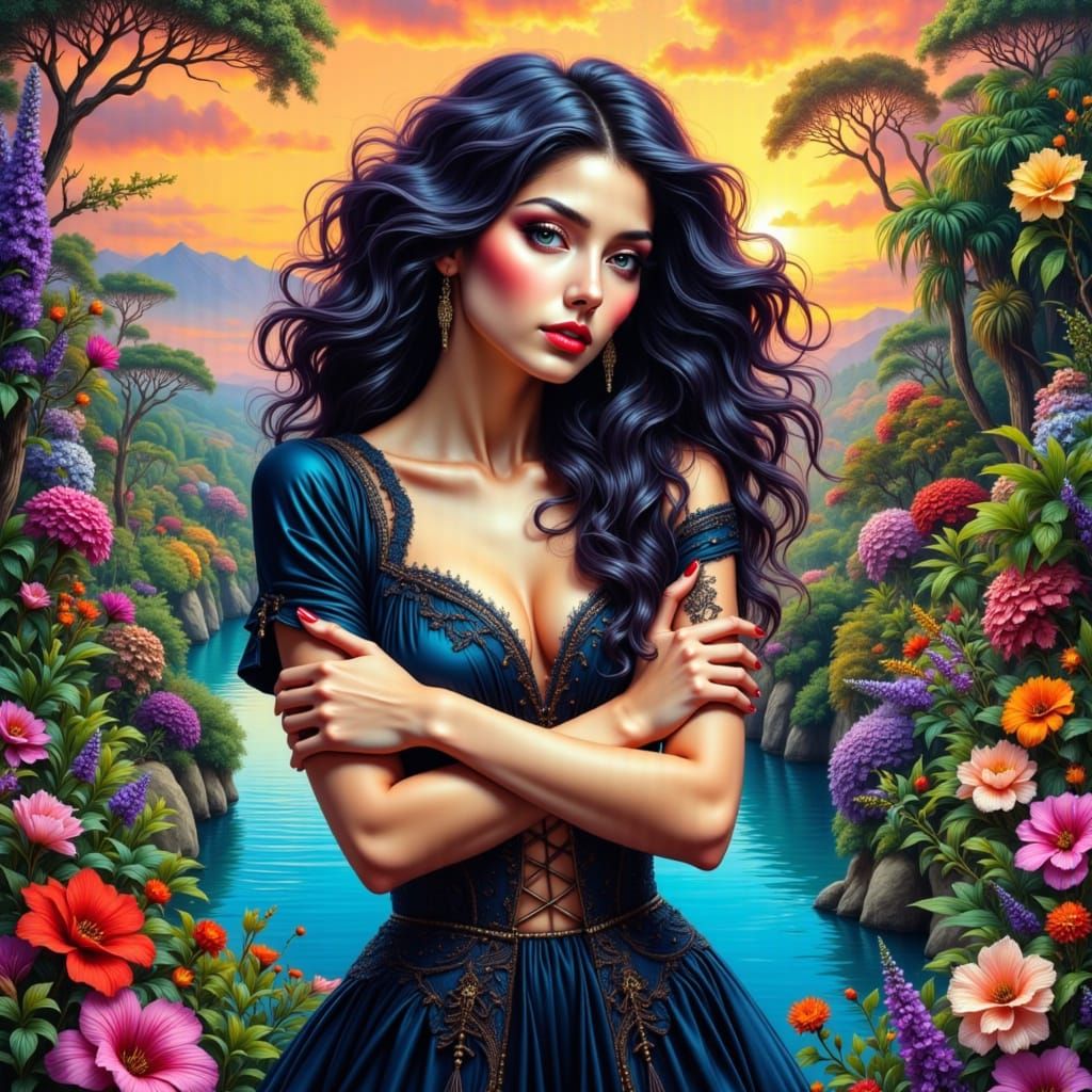 Woman in Vibrant Garden, Hyperrealistic Style