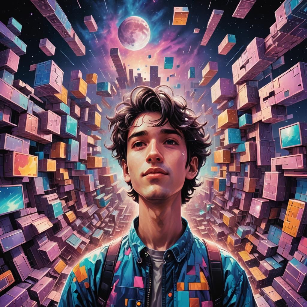 Boy in Vaporwave Tetris Universe with Fisheye Lens