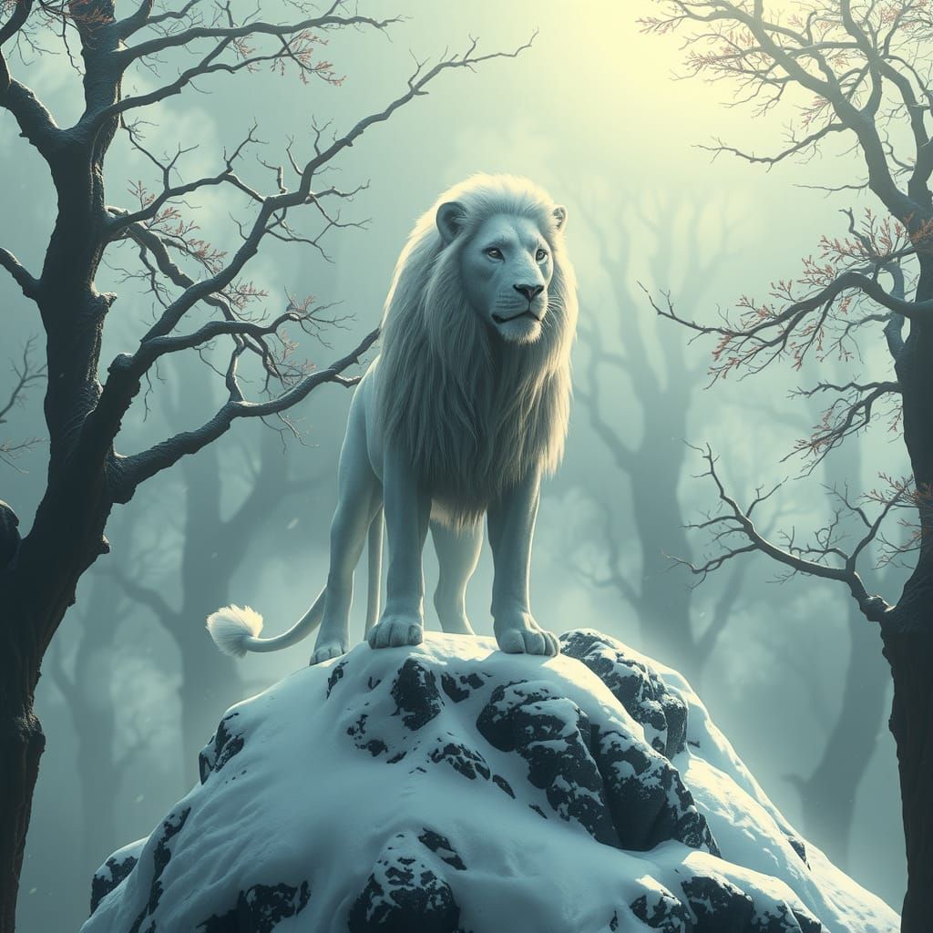 Majestic White Lion in Mystical Forest