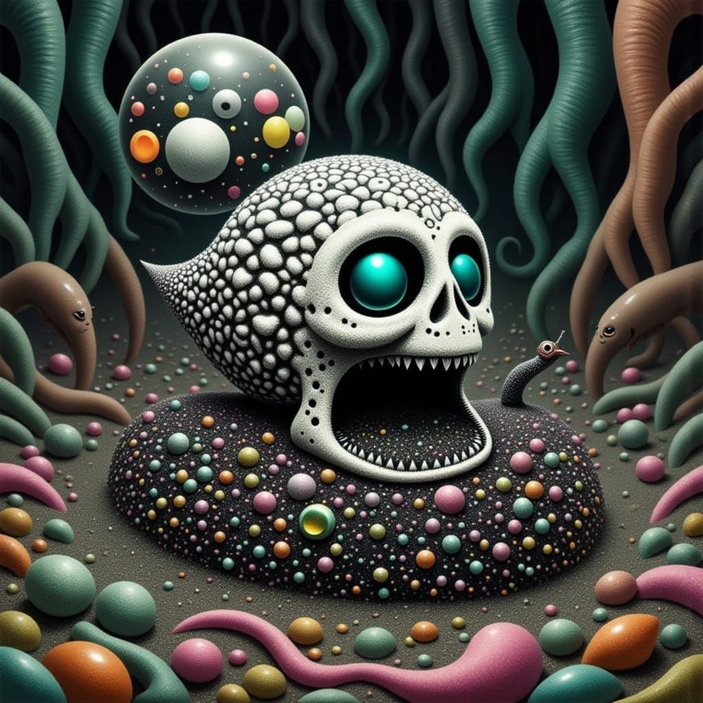 <lora:BLACK BEACH:1.0> <lora:GLITTERGORE:1.0> Skull snail